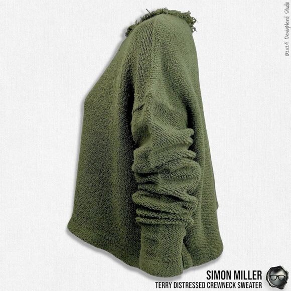 SIMON MILLER DISTRESSED CREWNECK SWEATER IN MOSS GREEN TERRY CLOTH 2016 OVERSIZE - Picture 3 of 15